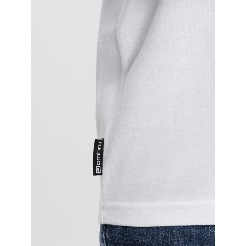 Ombre Clothing Pánské tričko s potiskem a dlouhým rukávem - bílé 2 OM-LSPT-0119
