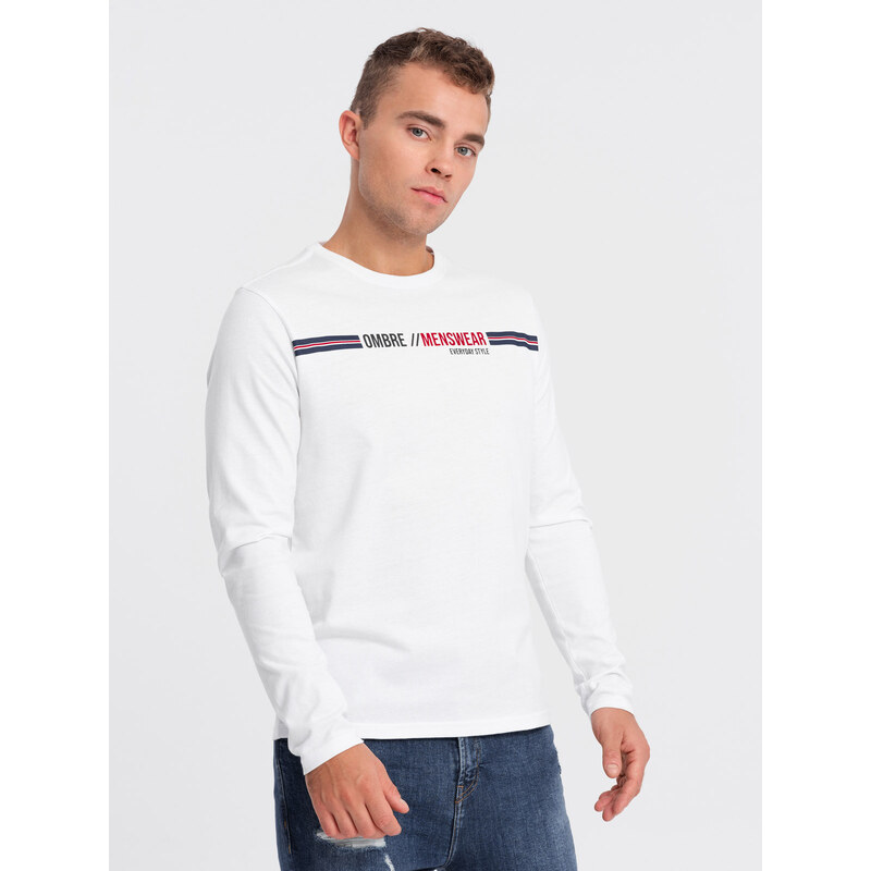 Ombre Clothing Pánské tričko s potiskem a dlouhým rukávem - bílé 2 OM-LSPT-0119