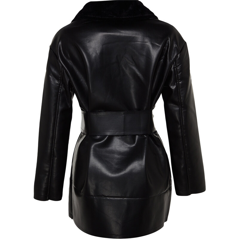 Trendyol Black Premium Oversize Wide-Cut Belted Plush Collar Detailed Faux Leather Coat