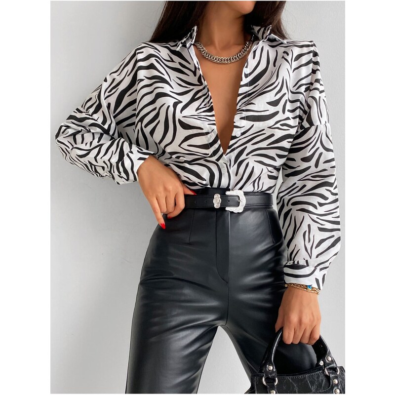 armonika Women's Black Zebra Pattern Oversize Long Basic Shirt