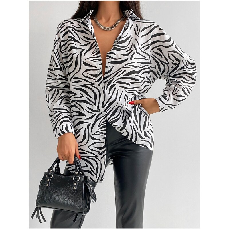 armonika Women's Black Zebra Pattern Oversize Long Basic Shirt