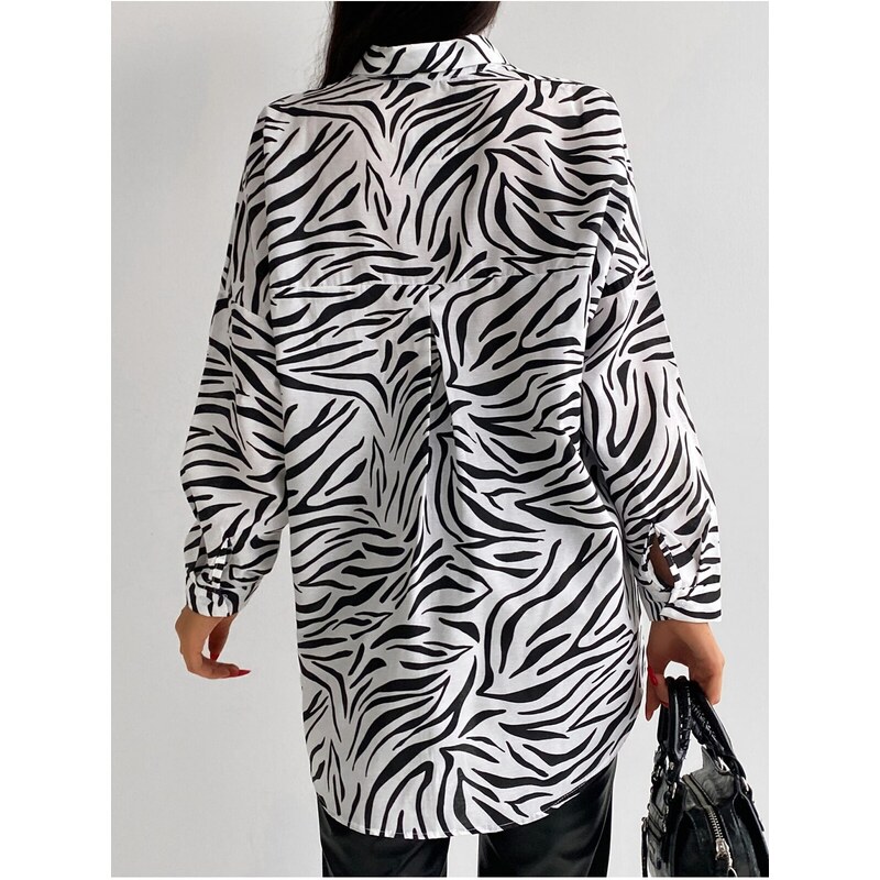 armonika Women's Black Zebra Pattern Oversize Long Basic Shirt