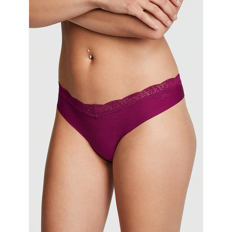 Victoria's Secret PINK Bezešvé kalhotky tanga s krajkou Vivid Magenta