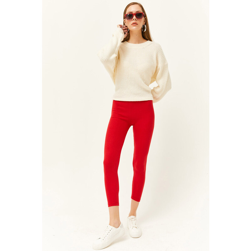 Olalook Women's Red Thick Ribbed Raised Leggings