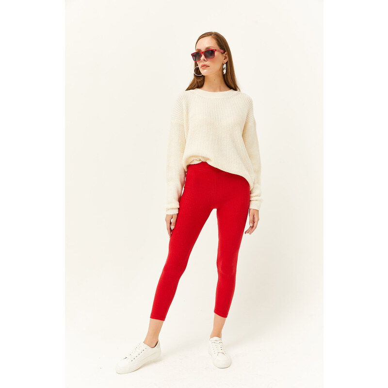 Olalook Women's Red Thick Ribbed Raised Leggings