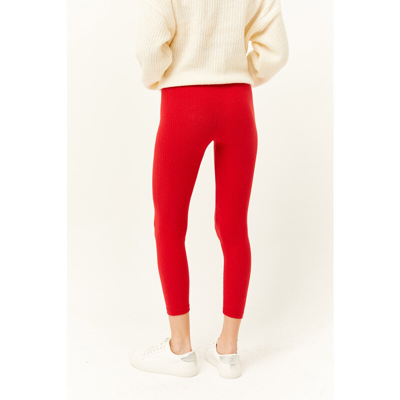 Olalook Women's Red Thick Ribbed Raised Leggings