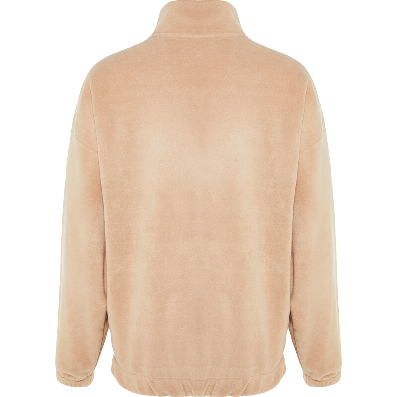 Trendyol Beige Oversize/Wide Fit Zipper High Neck Labeled Thick Fleece/Plush Sweatshirt