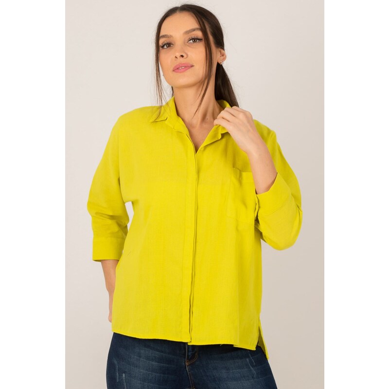 armonika Women's Neon Green Loose Linen Shirt with Pocket