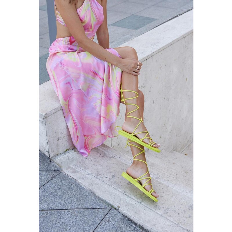 Madamra Women's Yellow Wrap-Up Lace-Up Puffy Sandals