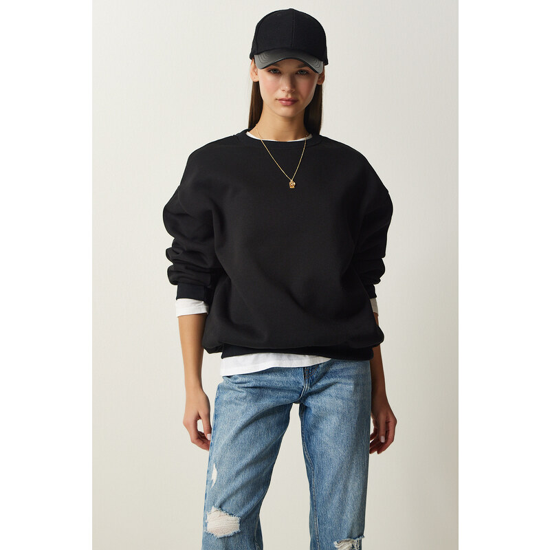 Happiness İstanbul Women's Black Raised Basic Sweatshirt