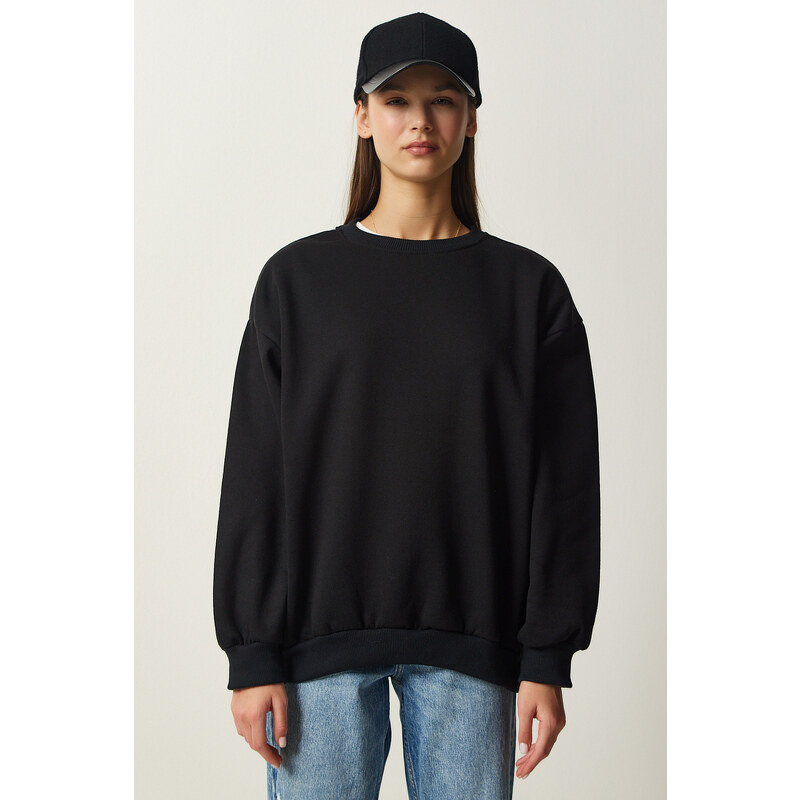 Happiness İstanbul Women's Black Raised Basic Sweatshirt