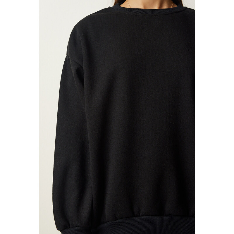 Happiness İstanbul Women's Black Raised Basic Sweatshirt