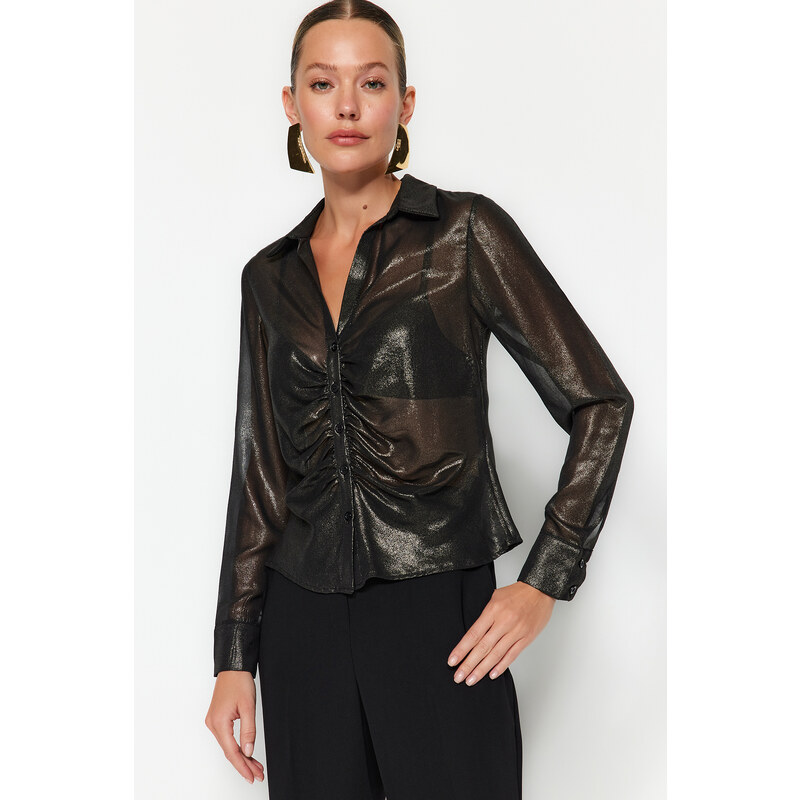 Trendyol Black Gathered Shiny Transparent Woven Shirt