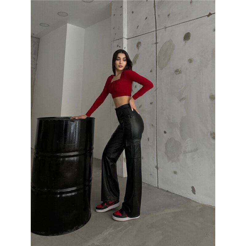 BİKELİFE Women's Black Leather High Waist Wide Leg Cargo Pants