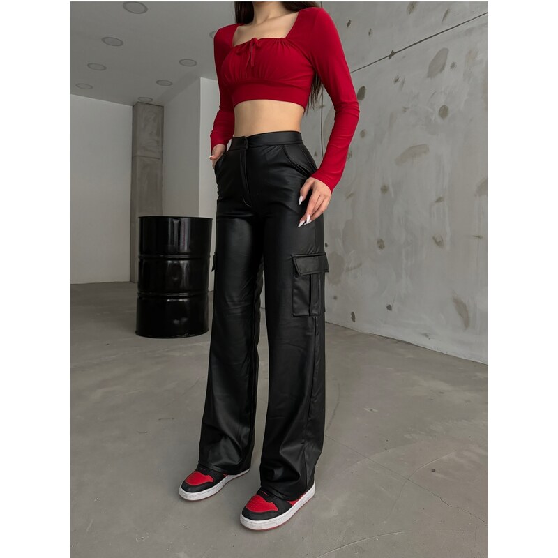 BİKELİFE Women's Black Leather High Waist Wide Leg Cargo Pants