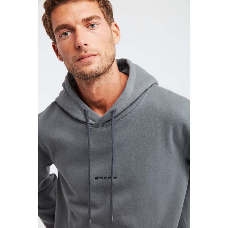 GRIMELANGE Epic Men's Soft Fabric Hooded Drawstring Regular Fit Embroidered Light Gray Sweatshirt