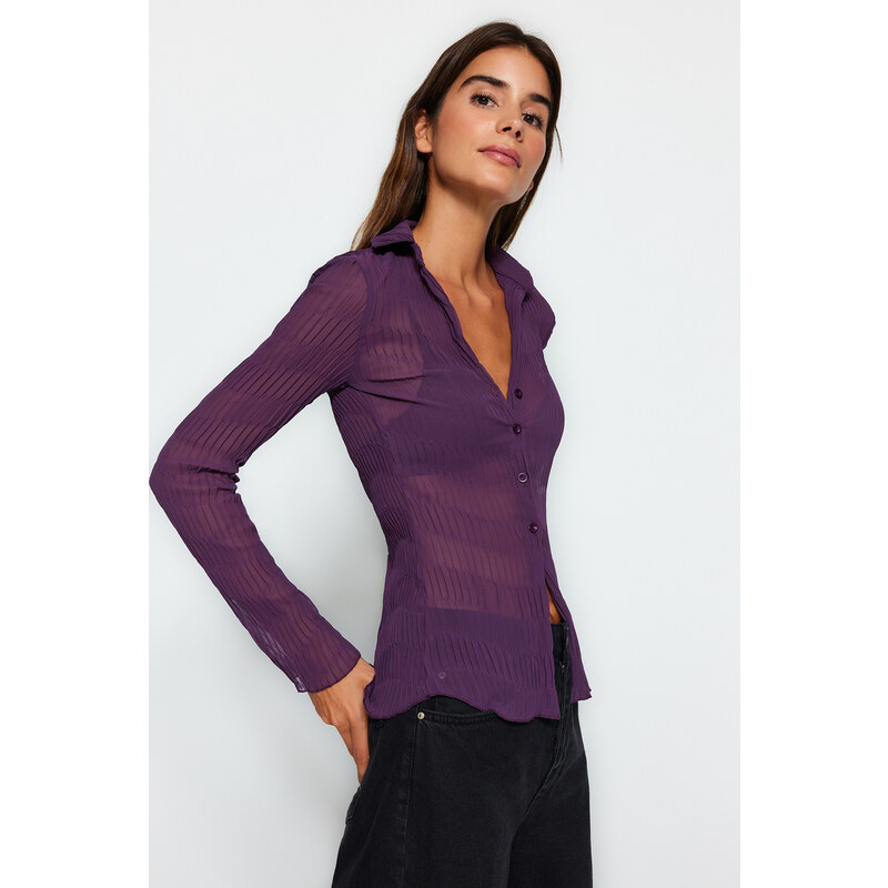 Trendyol Damson Transparent Pleated Fitted Woven Shirt