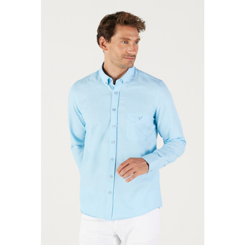 AC&Co / Altınyıldız Classics Men's Light Blue Slim Fit Slim Fit Button-down Collar Cotton Oxford Shirt with Pocket.