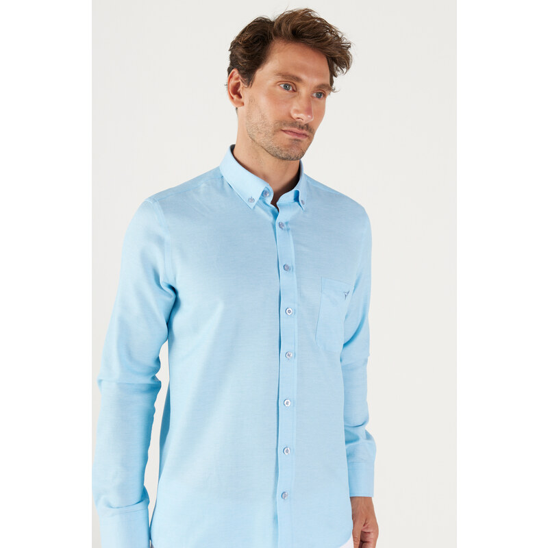 AC&Co / Altınyıldız Classics Men's Light Blue Slim Fit Slim Fit Button-down Collar Cotton Oxford Shirt with Pocket.