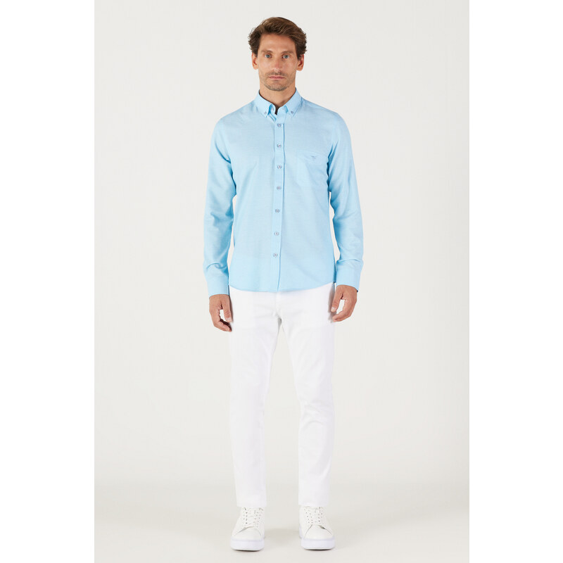AC&Co / Altınyıldız Classics Men's Light Blue Slim Fit Slim Fit Button-down Collar Cotton Oxford Shirt with Pocket.