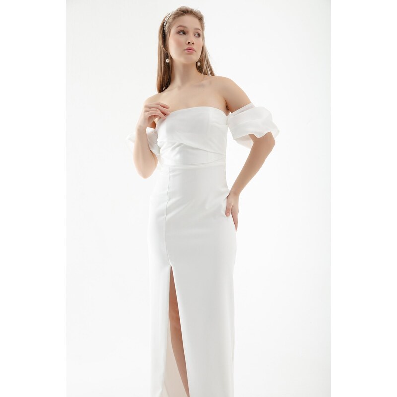 Lafaba Women's White Princess Sleeve Organza Long Evening Dress