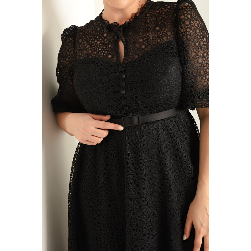 Lafaba Women's Black Lace Plus Size Midi Evening Dress