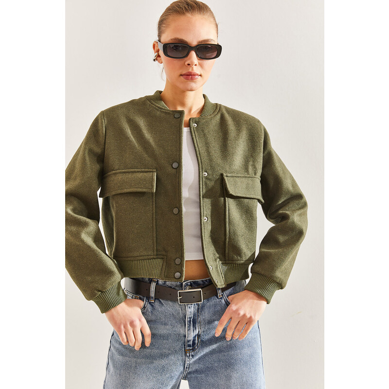 Bianco Lucci Women's Big Pocket Stamp Bomber Jacket