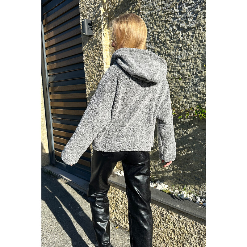 Trend Alaçatı Stili Women's Melted Gray Hooded Double Pocket Plush Coat