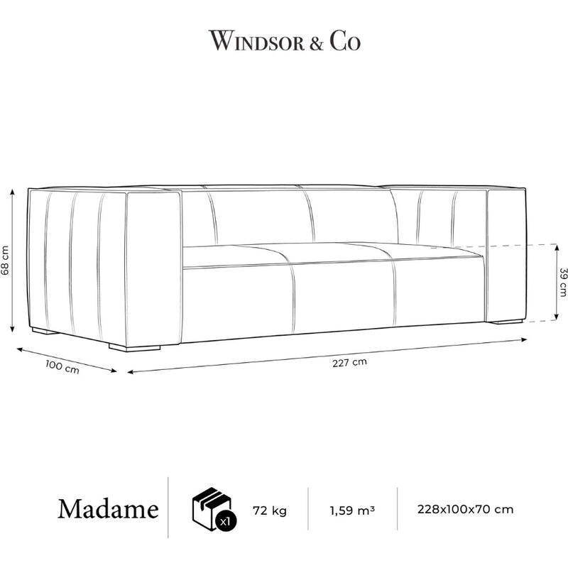 Koňakově hnědá kožená třímístná pohovka Windsor & Co Madame 227 cm