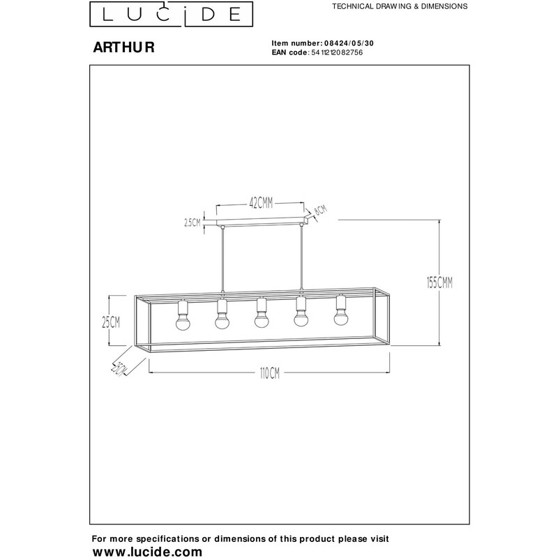 Lucide 08424/05/30 závěsné stropní svítidlo Arthur 5x60W|E27