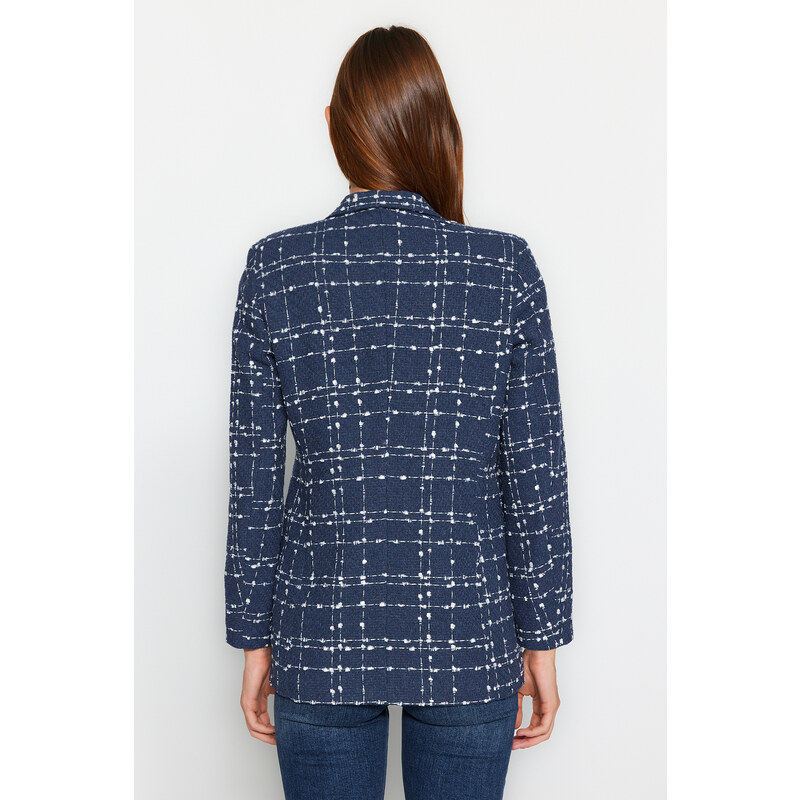 Trendyol Navy Tweed Regular Woven Plaid Blazer Jacket