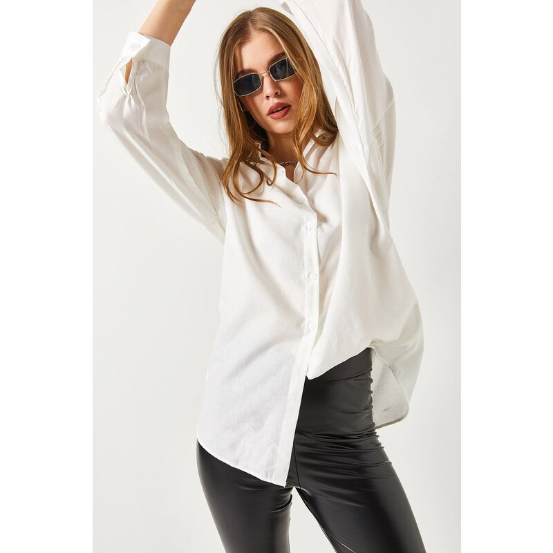 armonika Women's Ecru Oversize Long Basic Shirt