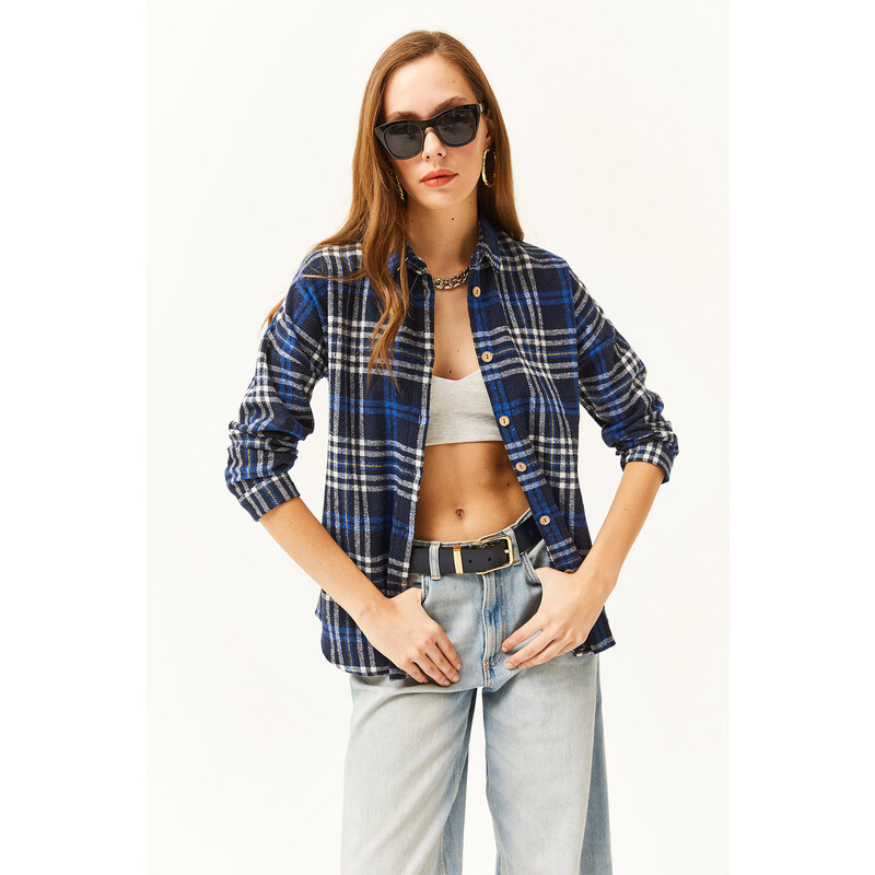 Olalook Women's Navy Blue Plaid Lumberjack Shirt