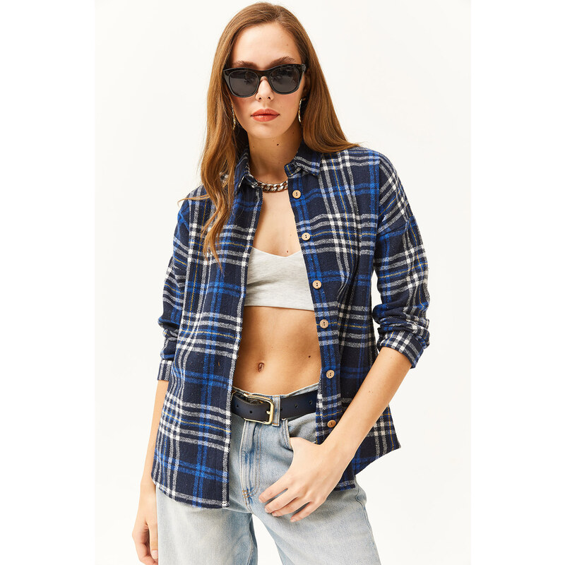 Olalook Women's Navy Blue Plaid Lumberjack Shirt