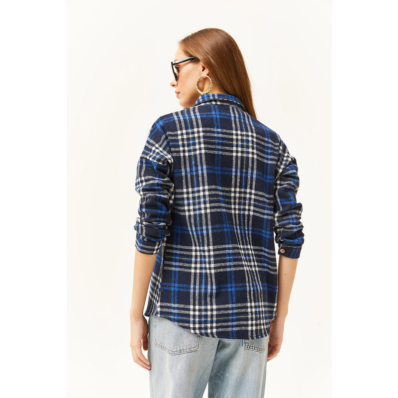 Olalook Women's Navy Blue Plaid Lumberjack Shirt
