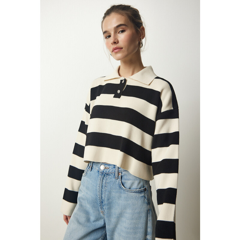Happiness İstanbul Women's Cream Black Stylish Buttoned Collar Striped Crop Knitwear Sweater