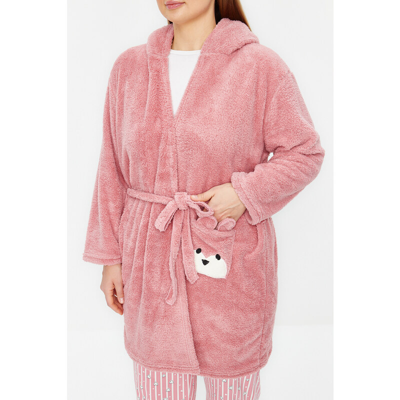 Trendyol Curve Powder Animal Figured Pocket Hooded Wellsoft Knitted Dressing Gown