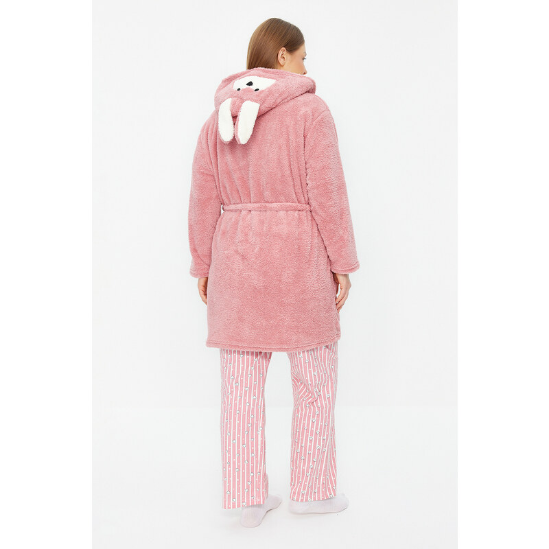 Trendyol Curve Powder Animal Figured Pocket Hooded Wellsoft Knitted Dressing Gown