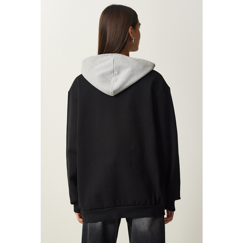 Happiness İstanbul Women's Black Hooded Rack Printed Sweatshirt