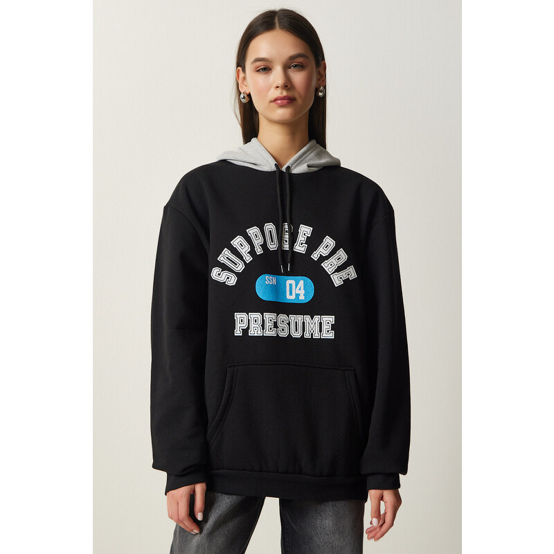 Happiness İstanbul Women's Black Hooded Rack Printed Sweatshirt