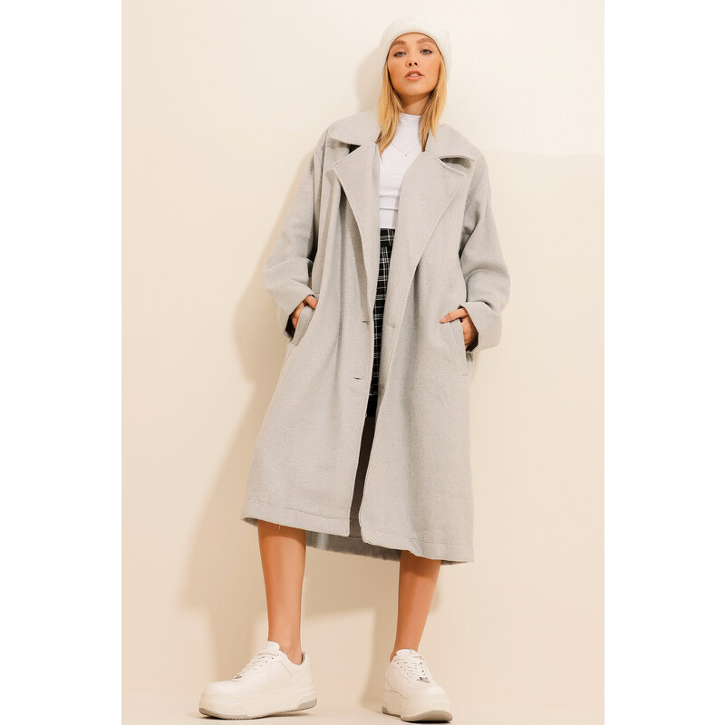 Trend Alaçatı Stili Women's Gray Stamp Unlined Long Coat