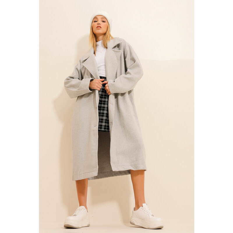 Trend Alaçatı Stili Women's Gray Stamp Unlined Long Coat