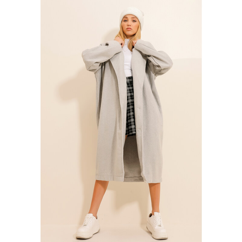 Trend Alaçatı Stili Women's Gray Stamp Unlined Long Coat