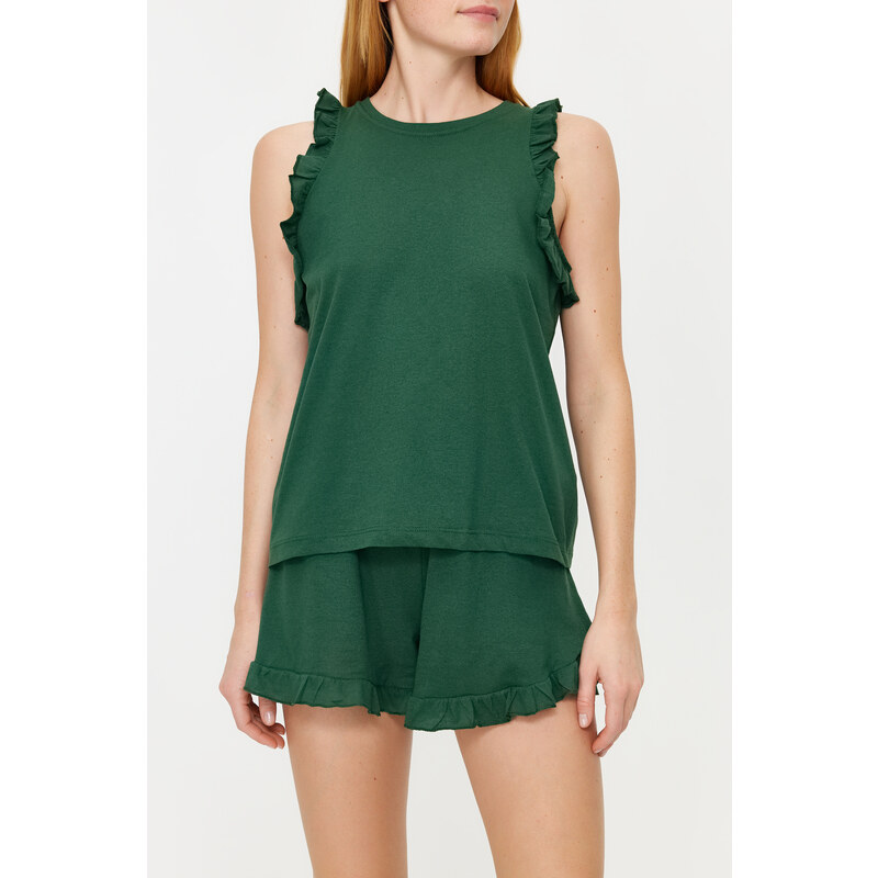 Trendyol Emerald Green 100% Cotton Ruffle Detail Undershirt-Shorts Knitted Pajamas Set