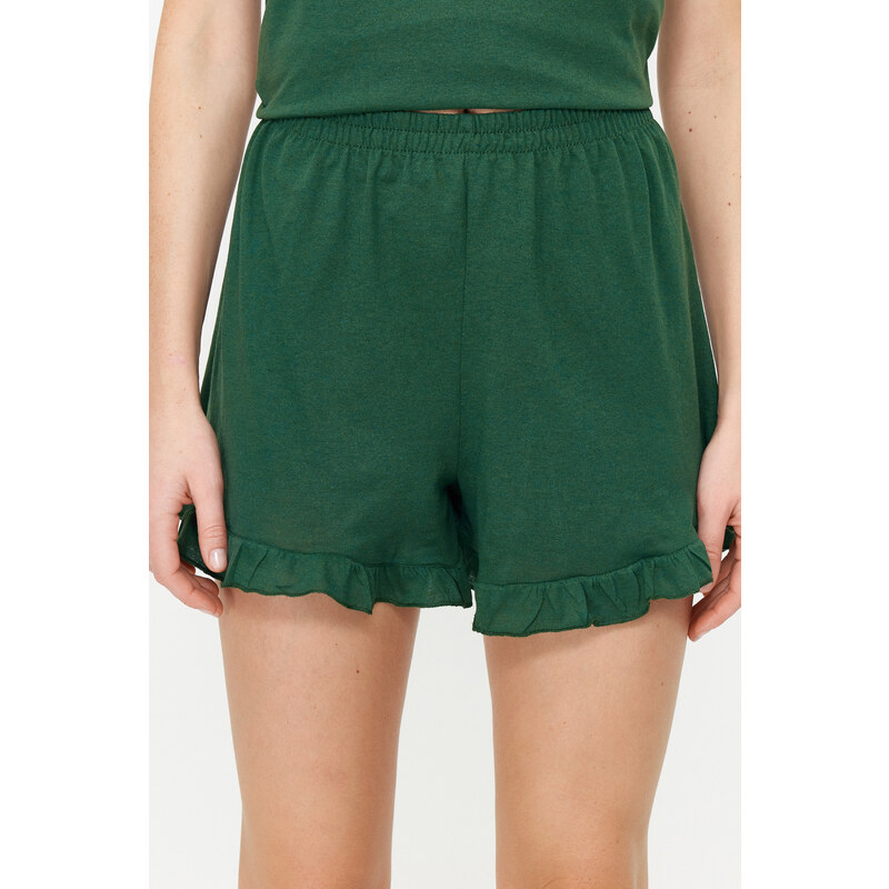 Trendyol Emerald Green 100% Cotton Ruffle Detail Undershirt-Shorts Knitted Pajamas Set