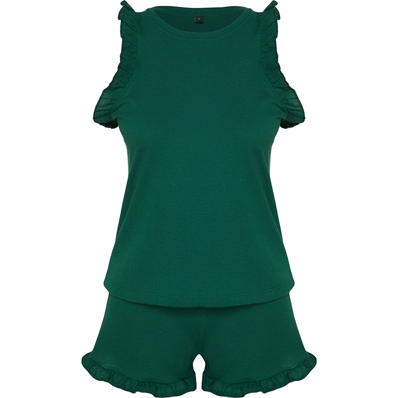 Trendyol Emerald Green 100% Cotton Ruffle Detail Undershirt-Shorts Knitted Pajamas Set