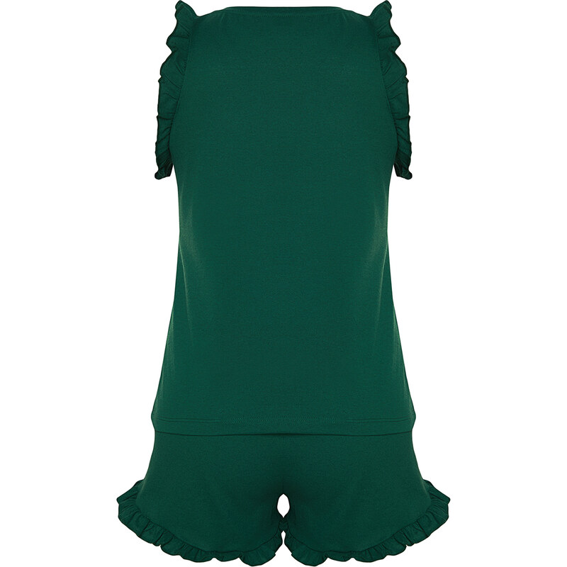 Trendyol Emerald Green 100% Cotton Ruffle Detail Undershirt-Shorts Knitted Pajamas Set