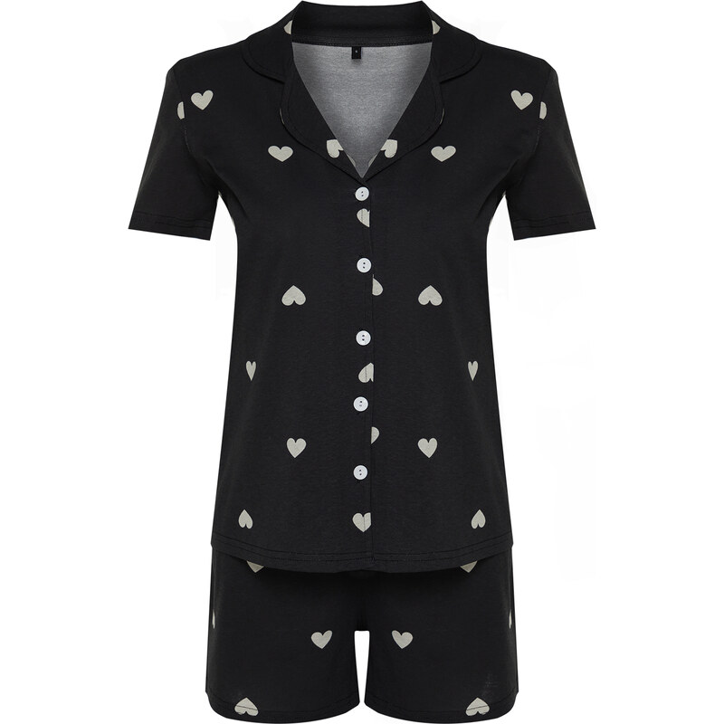 Trendyol Black 100% Cotton Heart Patterned Shirt-Shorts Knitted Pajamas Set