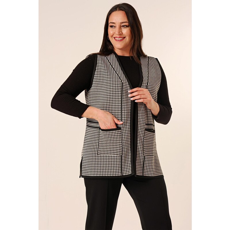 By Saygı Zigzag Patterned Pocket Plus Size Knitwear Vest