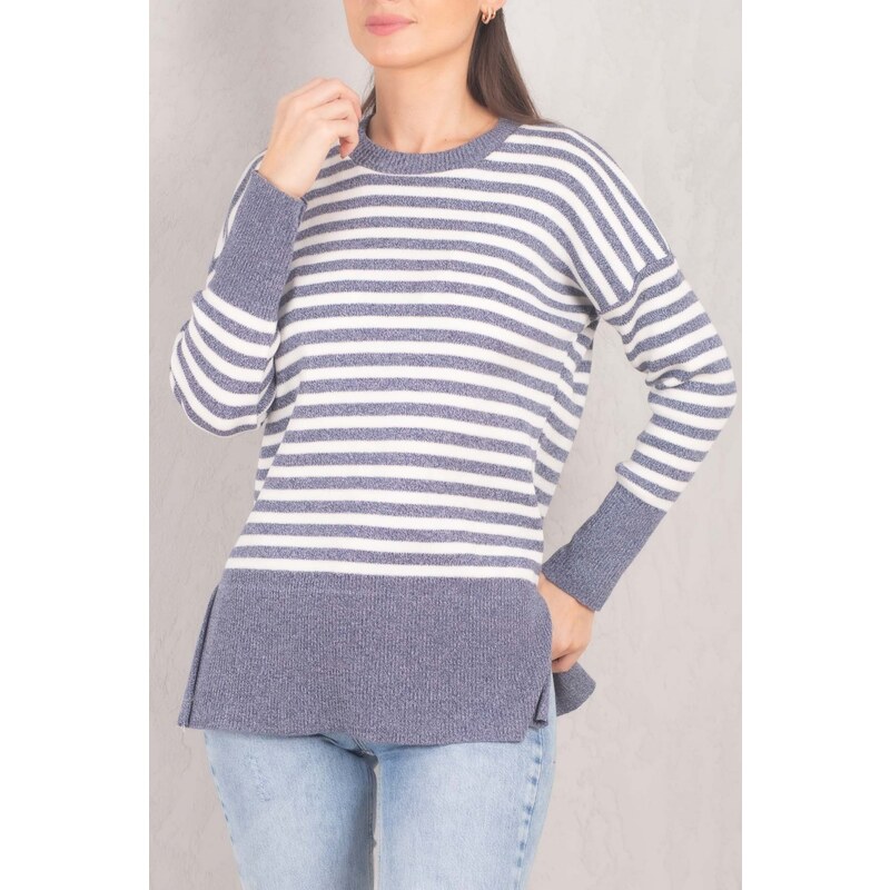 armonika Women's Navy Blue Round Neck Striped Knitwear Sweater